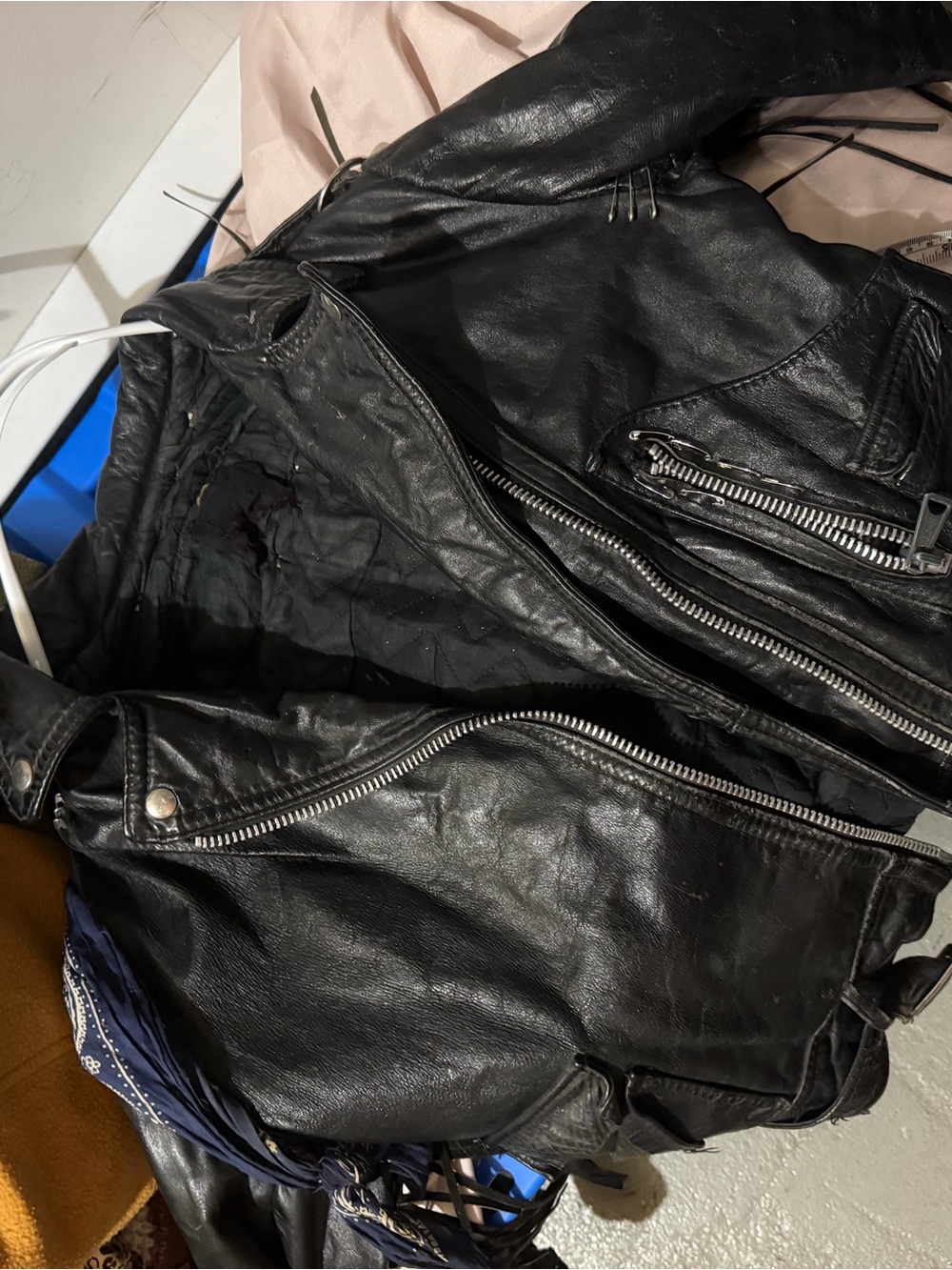 Vintage Black Leather Bomber Jacket with Silver Hardware